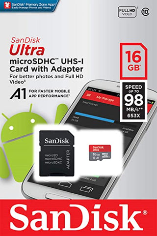 SanDisk Ultra 16 GB microSDHC Memory Card + SD Adapter with A1 App Performance Up to 98 MB/s, Class 10, U1 , Red